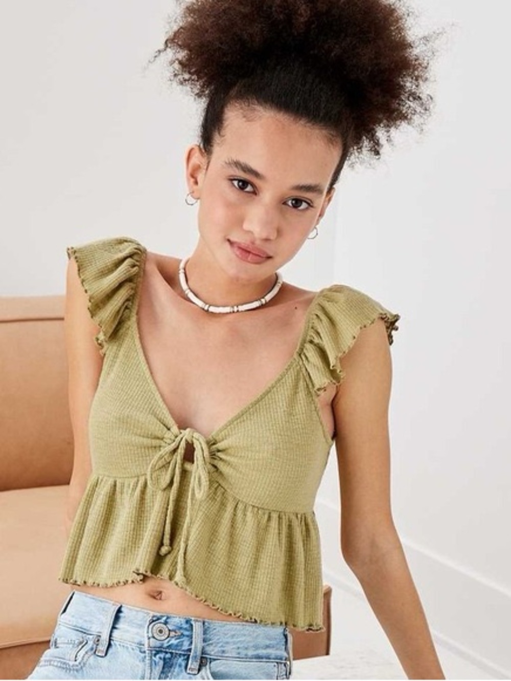 American Eagle V- neck Olive Green Ruffle Flowy Crop Top